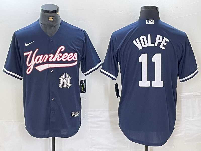 Mens New York Yankees #11 Anthony Volpe Navy With Patch Cool Base Stitched Baseball Jersey